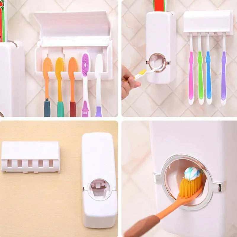 Touch Me Press Toothpaste Dispenser With Toothbrush Holder