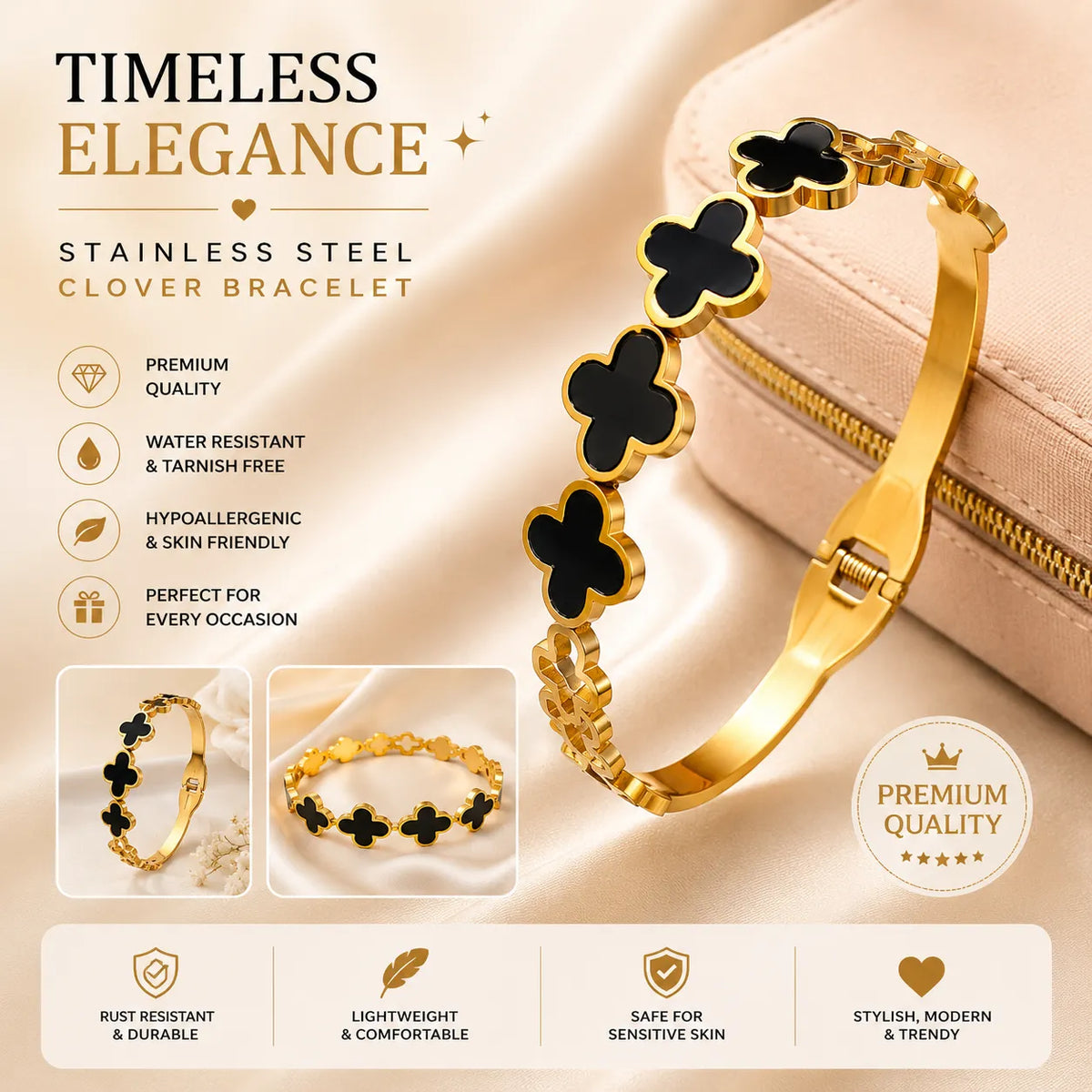 Gold Plated Stainless Steel Black Clover Bangle