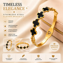 Gold Plated Stainless Steel Black Clover Bangle