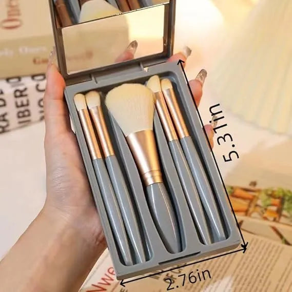 5 Pcs Mini Makeup Brush Set with Mirror & Protective Case