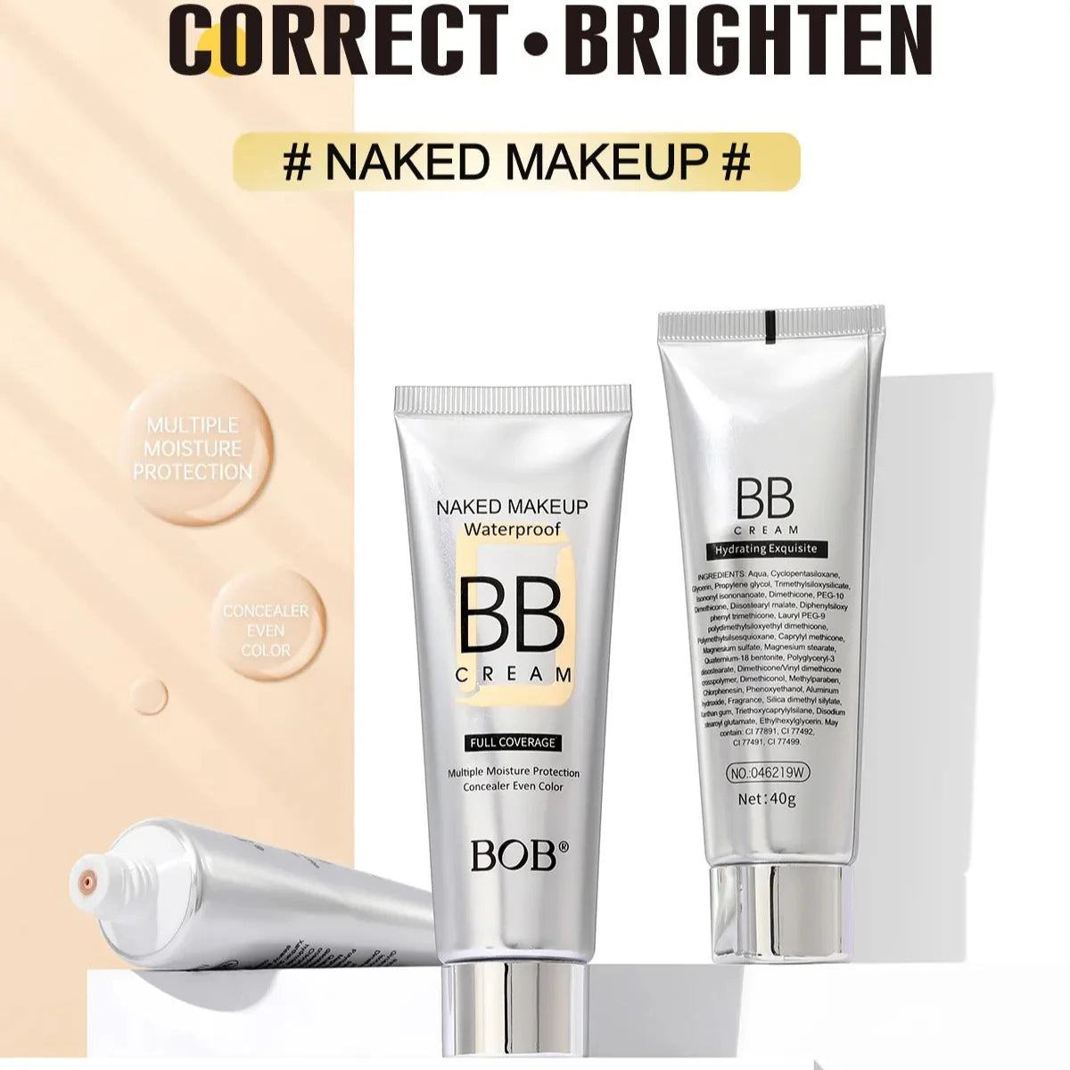 BOB Naked Makeup Water Proof Full Coverage BB Cream - 40g