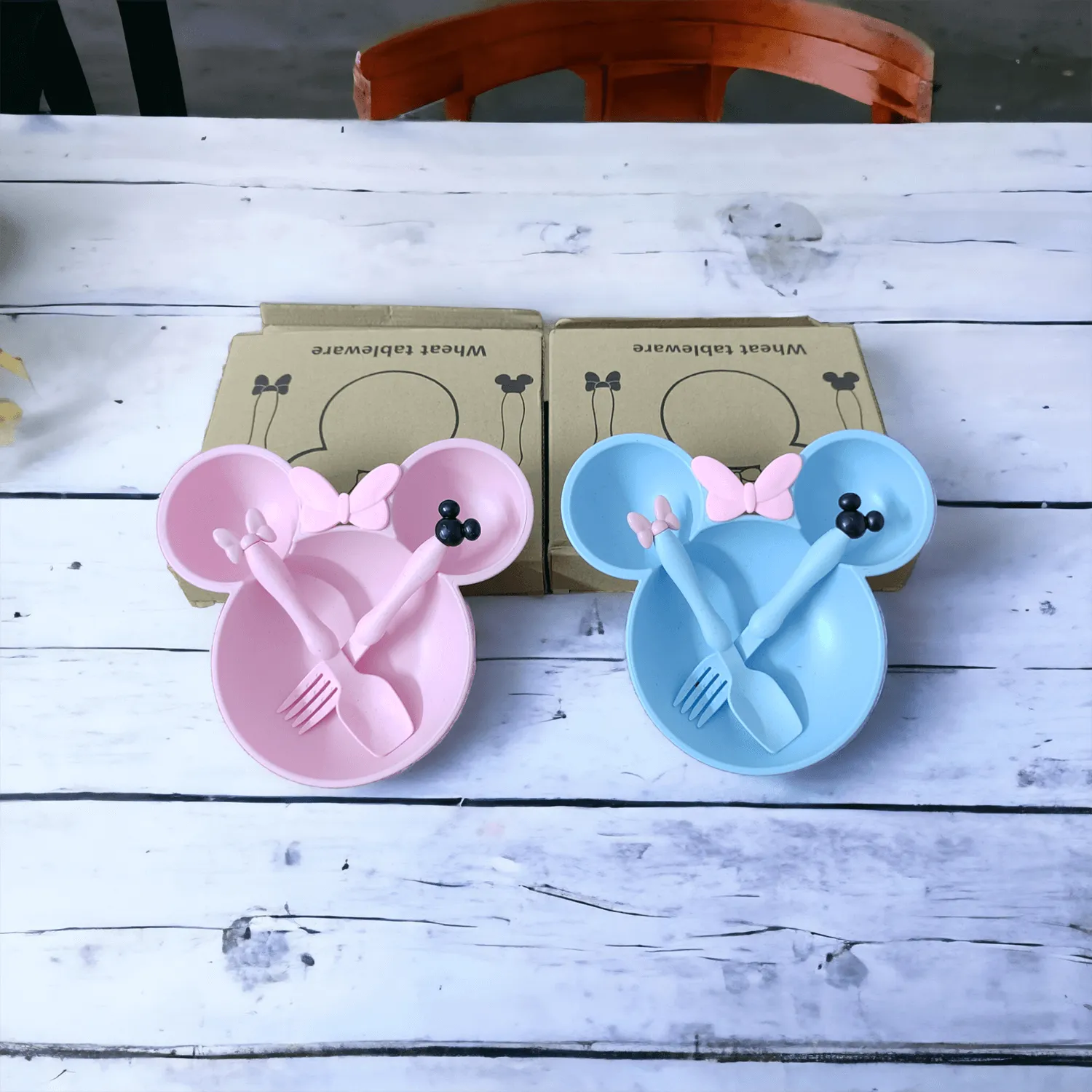Mickey Shape Wheat Straw Plate Bowl Baby Training Set for Kids