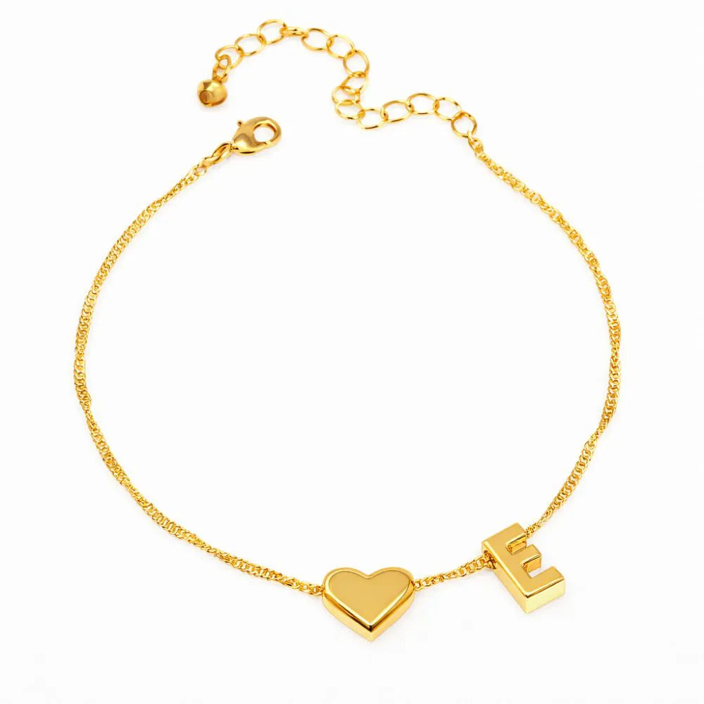 Stainless Steel Minimalist Heart & Initial Alphabate Bracelet - Each