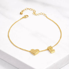 Stainless Steel Minimalist Heart & Initial Alphabate Bracelet - Each