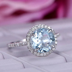 Round Aquamarine Halo Ring with Diamond Accents