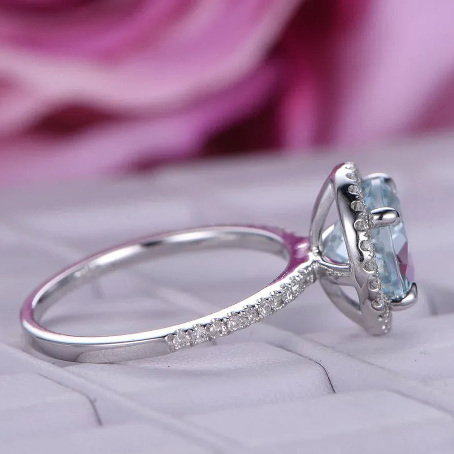 Round Aquamarine Halo Ring with Diamond Accents