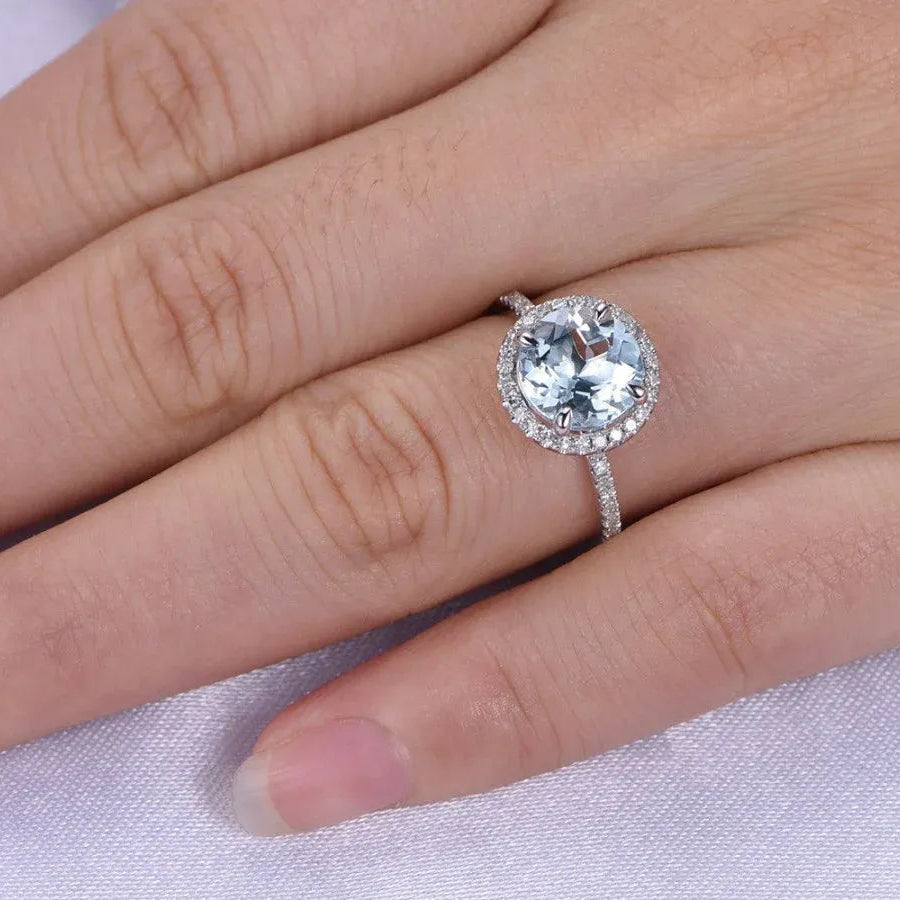 Round Aquamarine Halo Ring with Diamond Accents