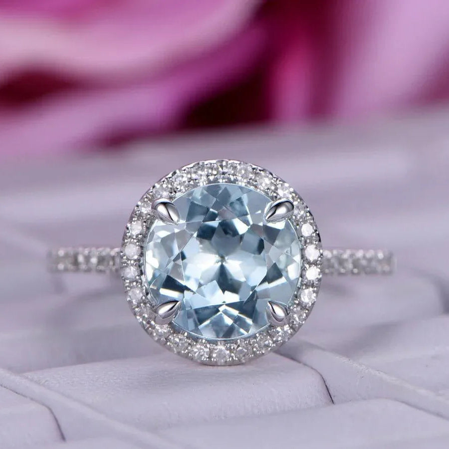 Round Aquamarine Halo Ring with Diamond Accents