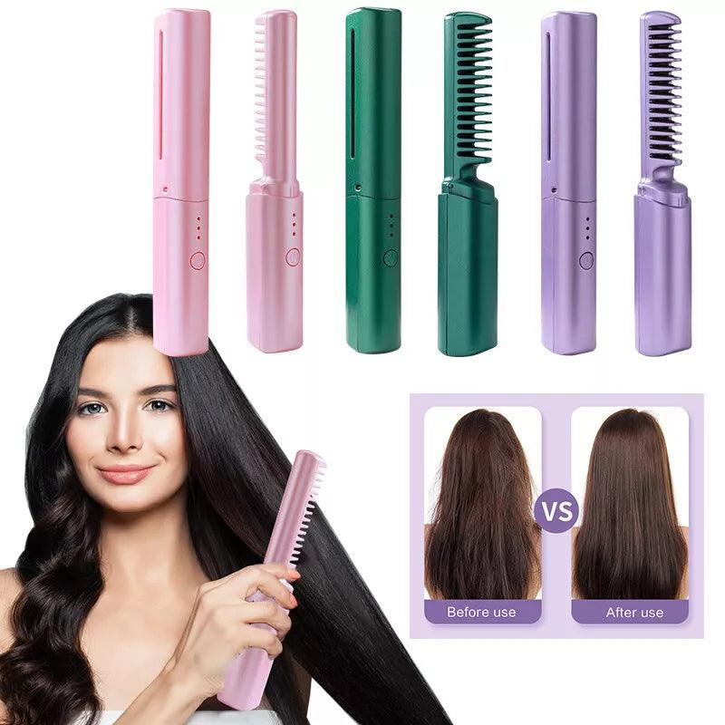 Mini 2in1 Professional Wireless Rechargeable Hair Straightener Curler Comb