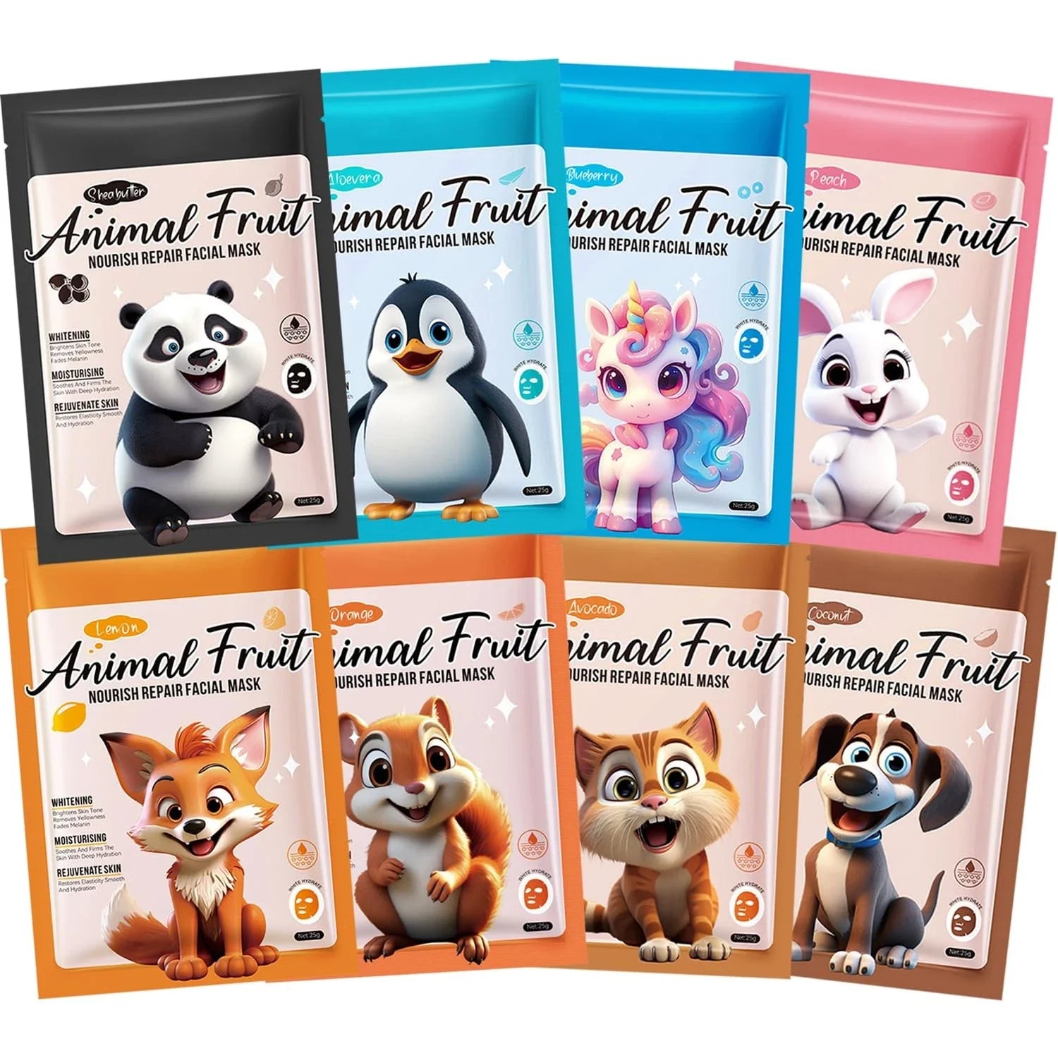 SADOER Pack of 08 Animal Fresh Fruit Natural Animal Series Facial Sheet Mask