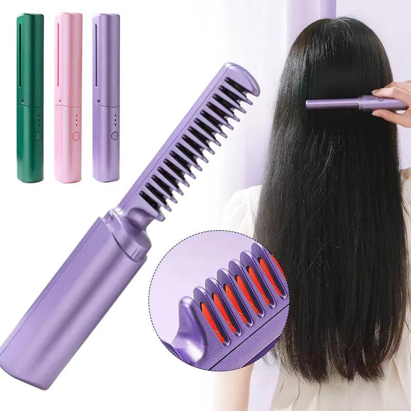 Mini 2in1 Professional Wireless Rechargeable Hair Straightener Curler Comb
