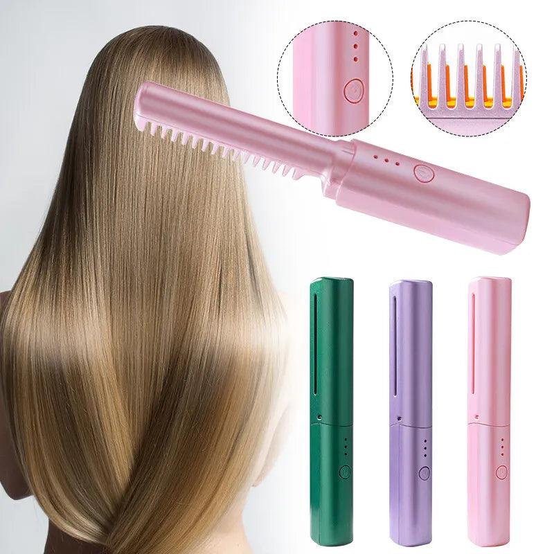 Mini 2in1 Professional Wireless Rechargeable Hair Straightener Curler Comb