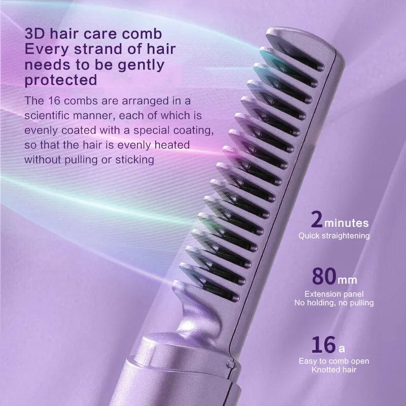 Mini 2in1 Professional Wireless Rechargeable Hair Straightener Curler Comb