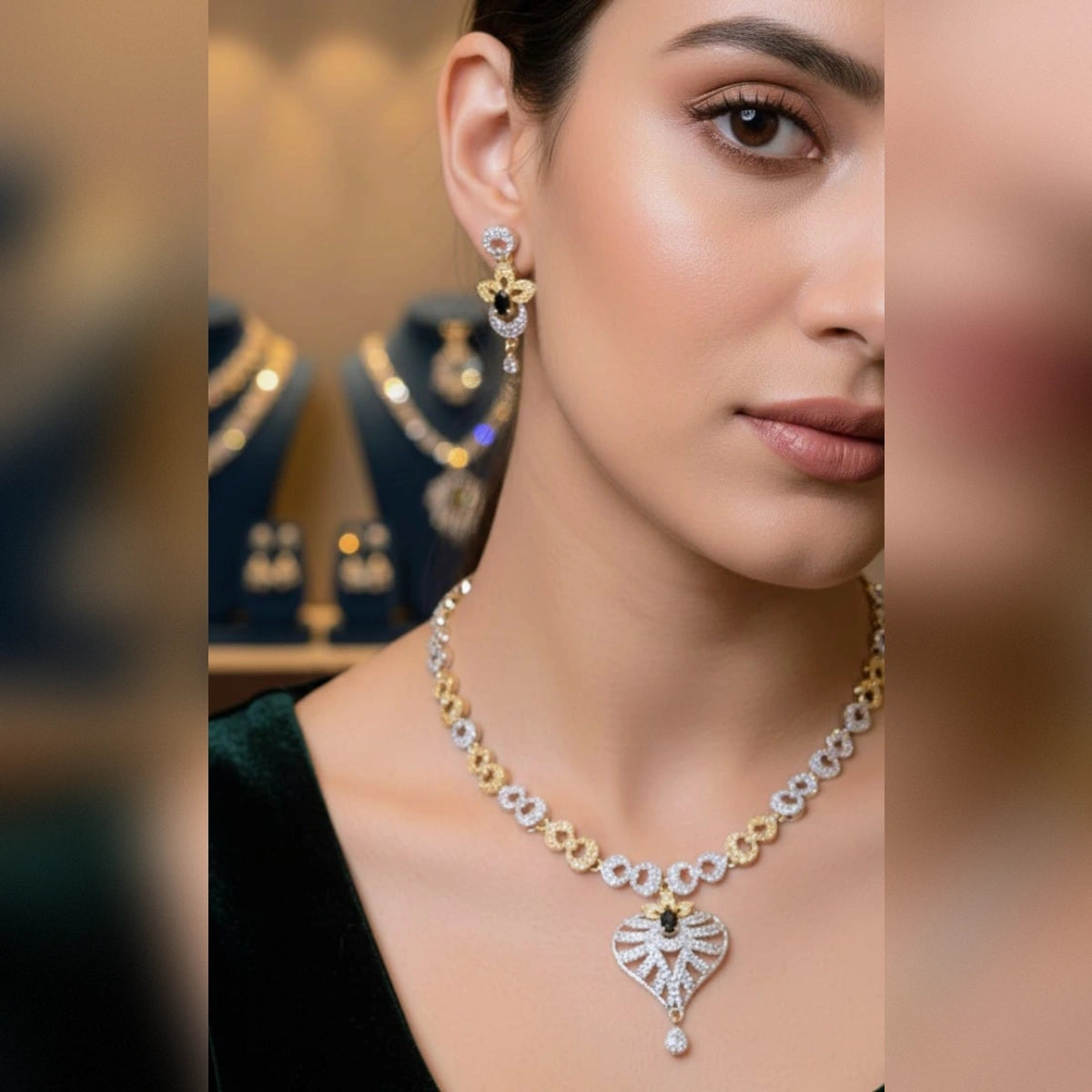 Premium Zircon Necklace Set – 2 Tone Color