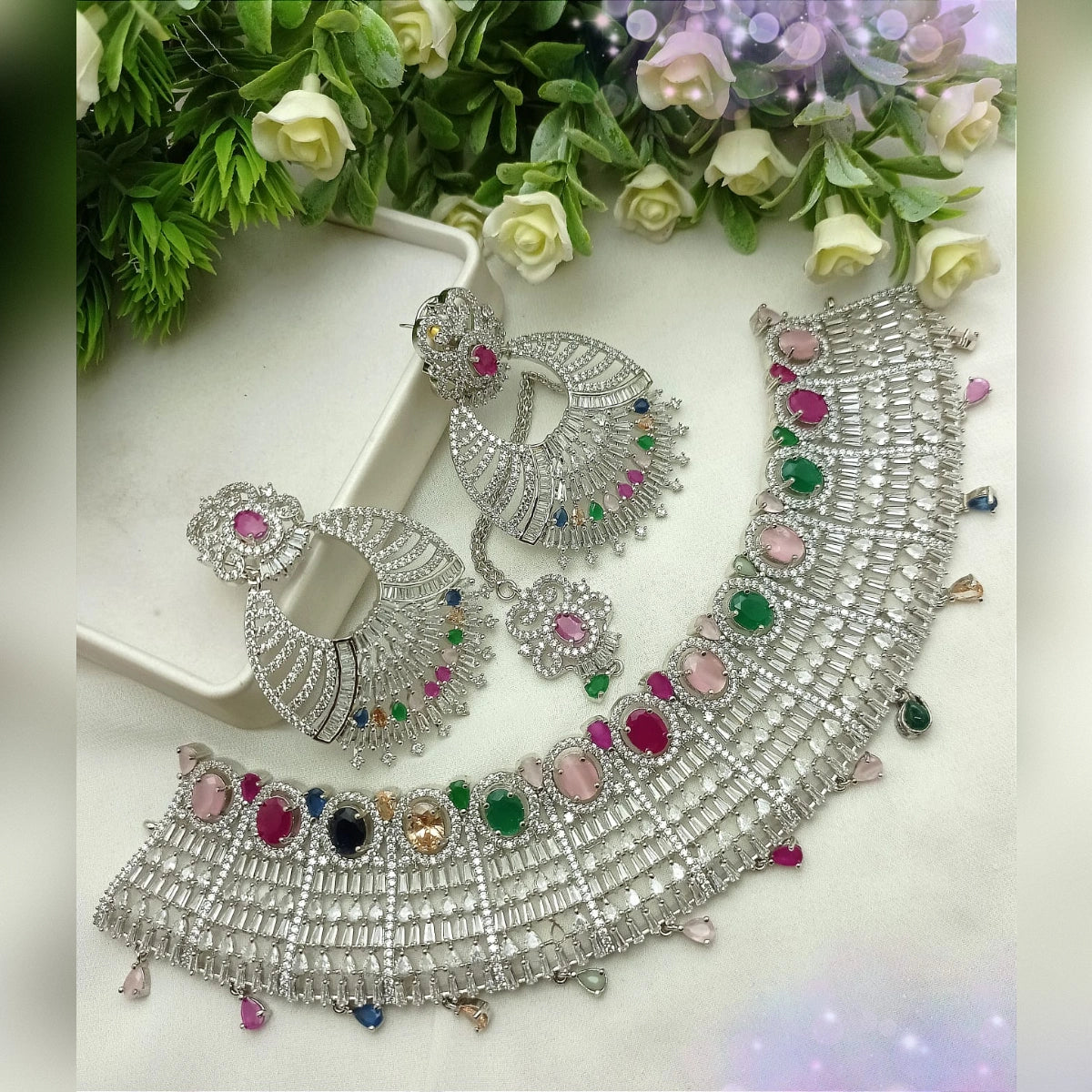 ZARCON Necklace Set – Silver Multi Color Sparkle