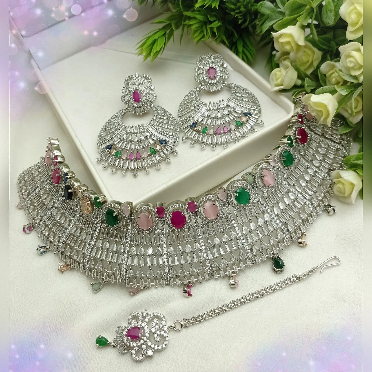 ZARCON Necklace Set – Silver Multi Color Sparkle