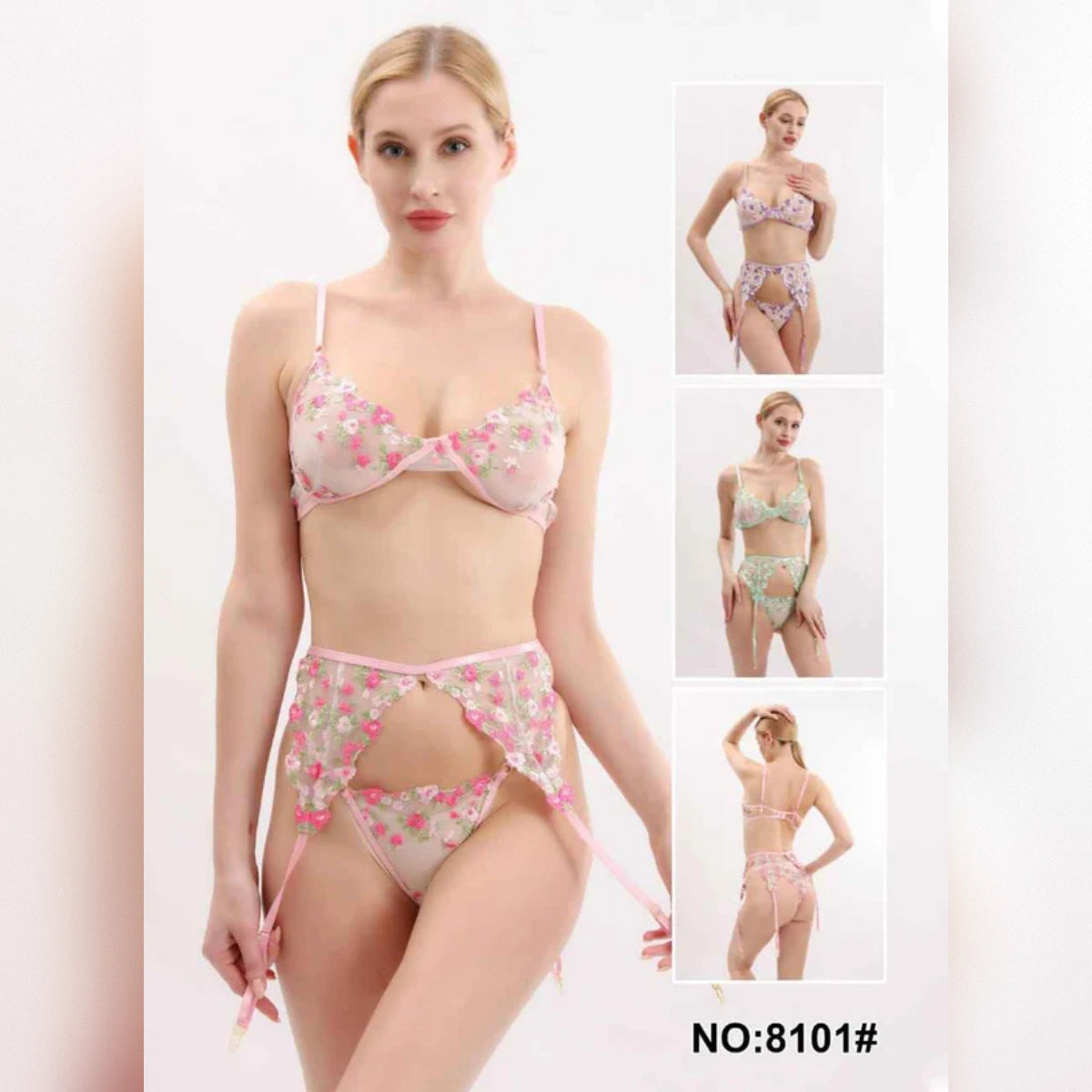 Floral Embroidered Sheer Lingerie Set with Garter Belt – Style 8101