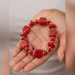 Red Beaded Stretch Bracelet with Square Beads & Gold Accents - Each