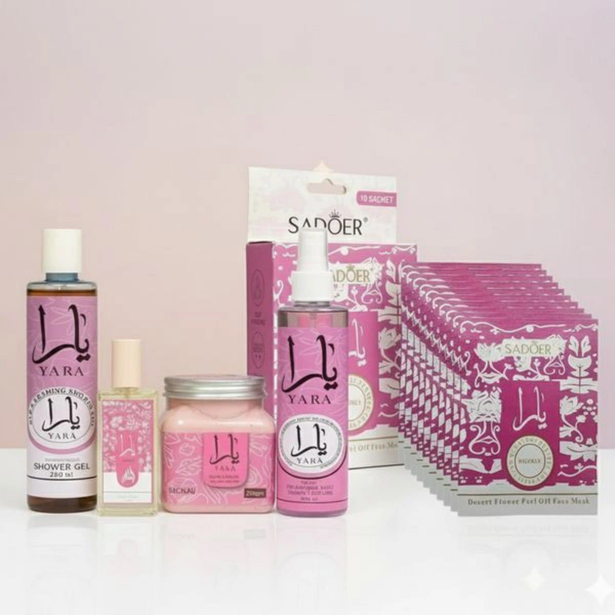 Yara Pink 5-in-1 Ultimate Beauty Combo | Full Body Fragrance Set & Sadoer Face Mask Deal