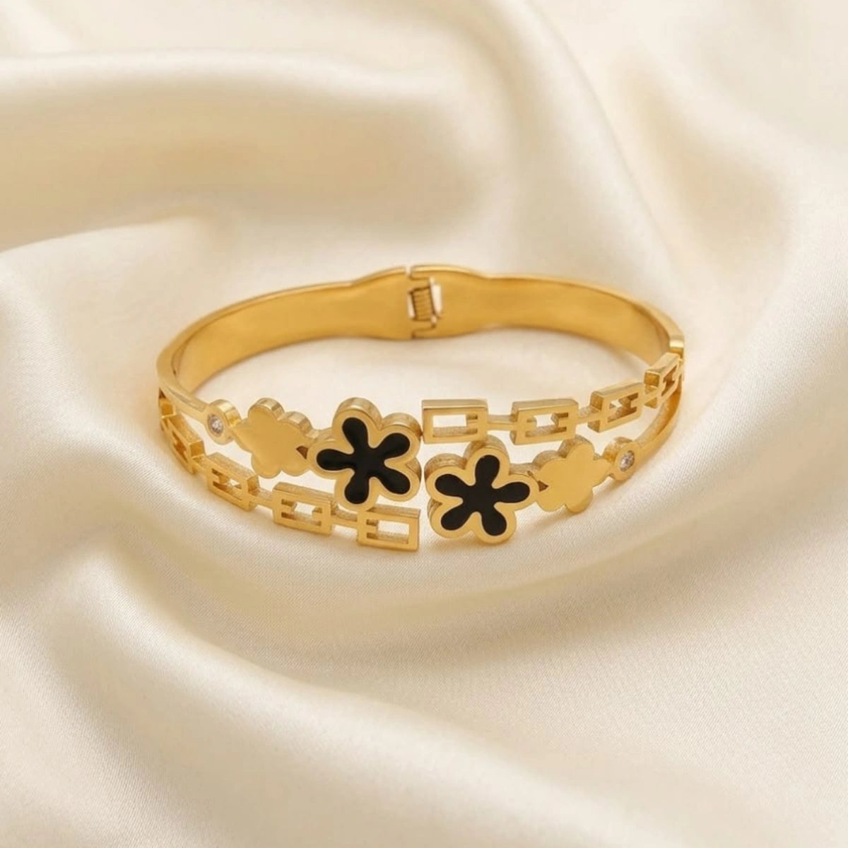 Golden Floral Clover Bracelet with Black & Gold Flower Accents - Each