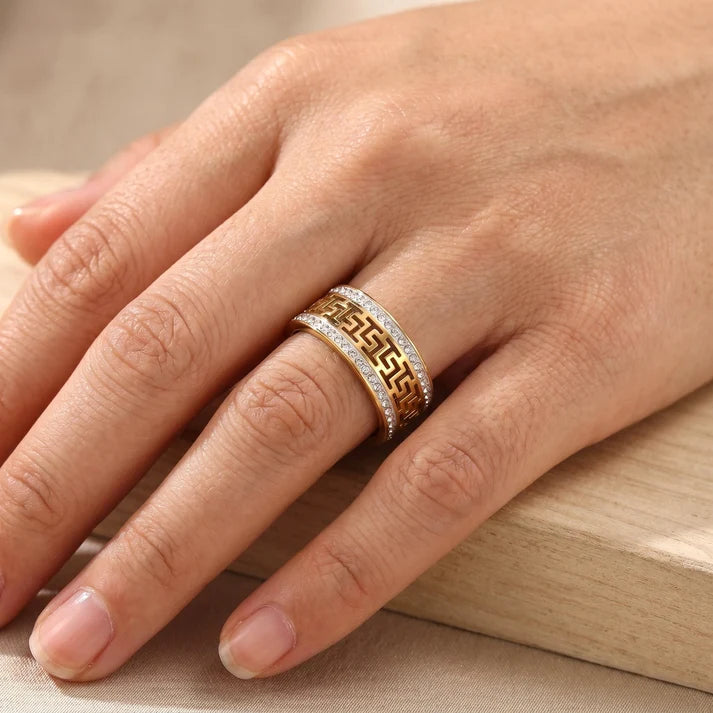 Stainless Steel Sparkling Greek Ring